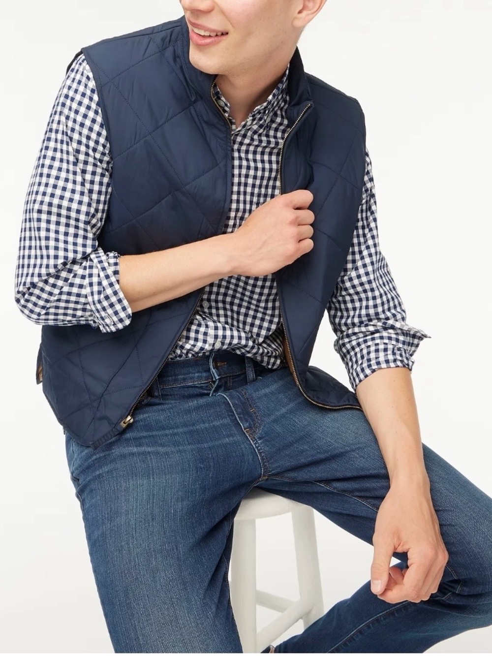 J Crew Navy Blue Quilted Vest Cotton Lined Full Zip Preppy Outerwear Mens Large